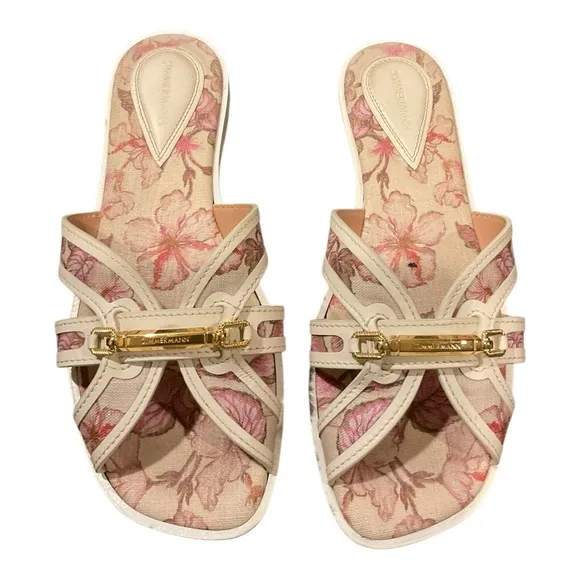 Zimmermann Women’s Floral White Pink Sandals with Gold Accents Size 9