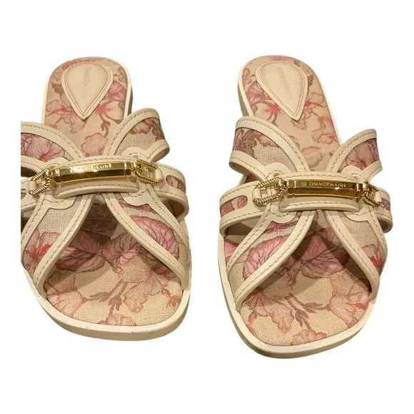 Zimmermann Women’s Floral White Pink Sandals with Gold Accents Size 9